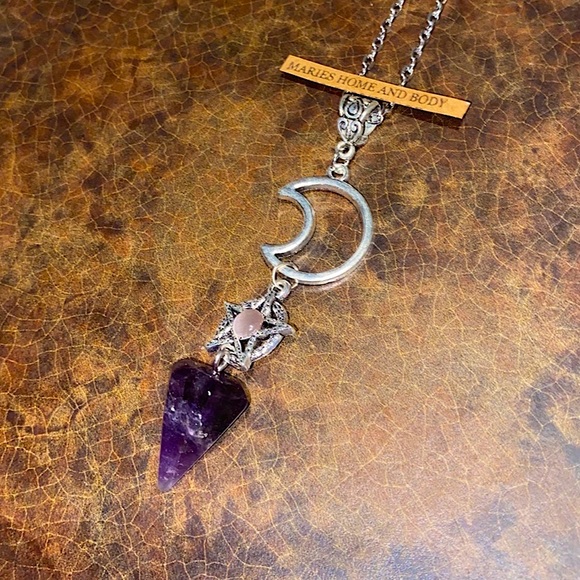 Purple Amethyst Pendulum Crescent Moon Necklace Jewelry New Witch Boho Magic - Picture 7 of 9